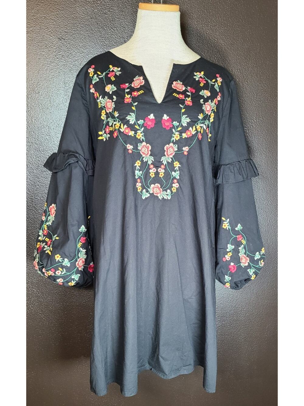 Braeve Black Short Peasant Dress Long Puff Sleeve Embroidered Boho Sz LG